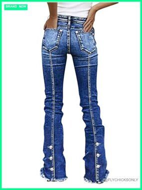 Mid Rise Bootcut Jeans Raw Hem Button Decor Denim Pants